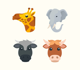 Animal vector isolated icon set. Giraffe, elephant, bull and cow head icon illustration. Emoji animal set