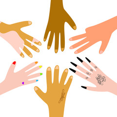 Vector illustration - hands in close-up of different races, cultures and worldviews in an isolated circle. Concept - friendship and diversity community