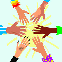 Vector graphics - six different hands of different races and cultures stretched out to the sun and each other. Concept rights and freedom of expression