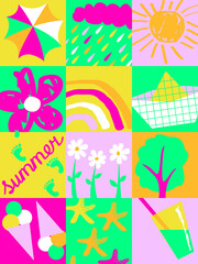 Vector illustration is a collage of summer pictures with the sun, rainbow, flowers and other summer attributes. Concept vacation