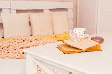 Closeup of domestic objects on a living room table