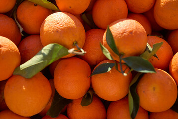 Full Frame Shot Of Oranges. Oranges For Sale At Market Stall.