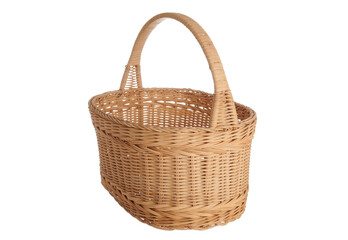 Fototapeta na wymiar Wicker wooden basket - isolated photo on a white background. Wooden basket made with natural materials. Rustic style of light wicker basket. Traditional rustic basket container for shopping.