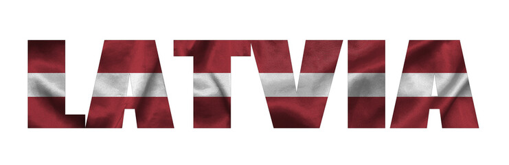 Inscription Latvia in the colors of the waving flag of Latvia. Country name on isolated background. image - 3D illustration.