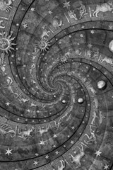 Astrological background with zodiac signs and symbol.