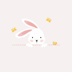 Cute Vector Bunny with Yellow Butterflies Flat Design