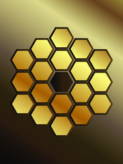 illustration depicting a group of hexagonal mirror figures in golden tones, depicting the working mirror surface of the latest telescope, for the design of scientific and technical images