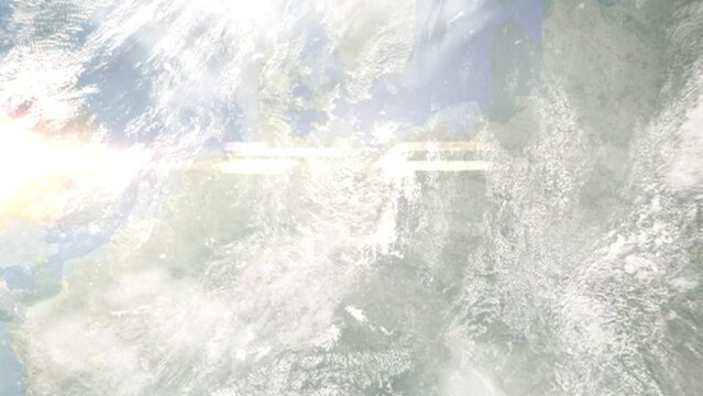 Earth zoom in from outer space to city. Zooming on Germany, Berlin. The animation continues by zoom out through clouds and atmosphere into space. View of the Earth at night. Images from NASA