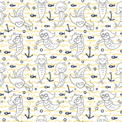 Seamless background with cute little mermaids. Coloring. Line drawn.