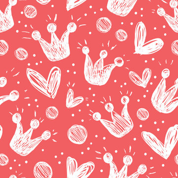 Seamless pattern with hearts and crowns on a red background. © Elena Melnikova