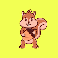 Cute cartoon baby squirrel with a nut in vector illustration. Isolated animal vector. Flat cartoon style