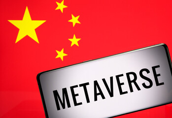 METAVERSE in China concept. Metaverse word seen on smartphone and Chinese flag on the blurred background.