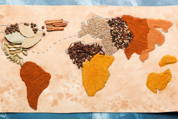 Spice world map. Dried spices. Pepper, turmeric, ginger, cloves