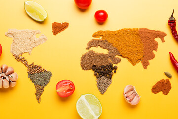 Spice world map. Dried spices. Pepper, turmeric, ginger, cloves