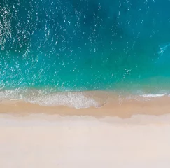 Türaufkleber Relaxing aerial beach scene, summer vacation holiday template banner. Waves surf with amazing blue ocean lagoon, sea shore, coastline. Perfect aerial drone top view. Peaceful bright beach, seaside © Angelov
