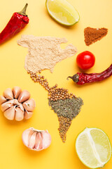Spice world map. Dried spices. Pepper, turmeric, ginger, cloves