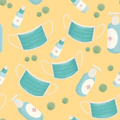 Seamless pattern with masks, sanitizer and virus