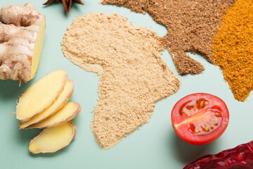 Spice world map. Dried spices. Pepper, turmeric, ginger, cloves