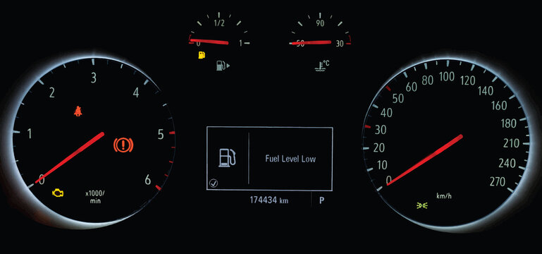 Fuel gauge with warning to indicate low fuel level. Indicator on car dashboard panel. Empty tank of gasoline. Yellow fuel check light. Car cluster with speedometer, tachometer. Vector illustration.