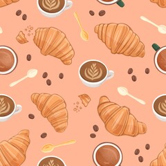 Seamless pattern with croissant, coffee and spoon