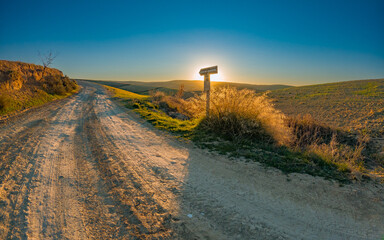 Camino que continúa al atardecer en el campo y la naturaleza