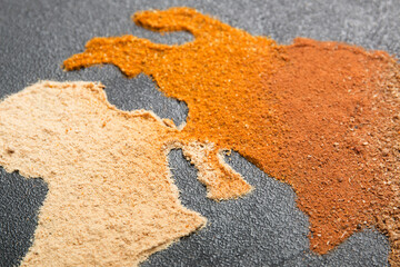 Spice world map. Dried spices. Pepper, turmeric, ginger, cloves