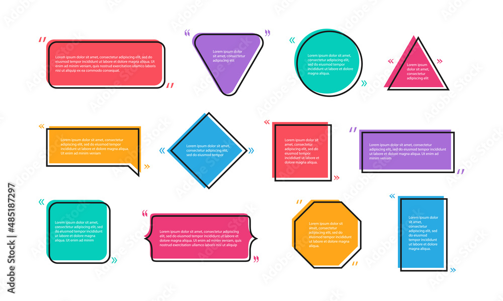 Poster Quotation frame. Message quote memo, info speech bubbles. Text mark, chat box comment banners recent colorful vector set