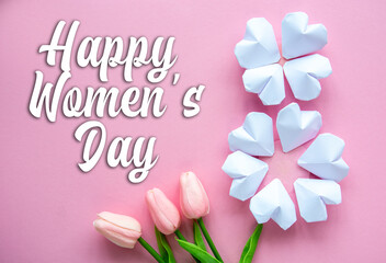 figure eight 8 and tulip flowers background. International Women’s Day celebrate on March 8, congratulatory CARD.