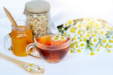 cup of herbal chamomile tea and daisy flowers. doctor treatment and prevention of immune concept, medicine - folk, alternative, complementary, traditional medicine