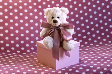 Pink gift box and white teddy bear with bowknot sitting on it on spotty background