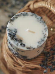 Handmade candle with lavender flowers. Beautiful handmade candle. Relaxation atmosphere. Luxurious lifestyle.