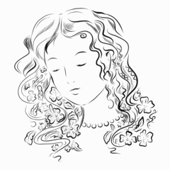 Portrait of a girl with flowers in her hair in the style of lines.