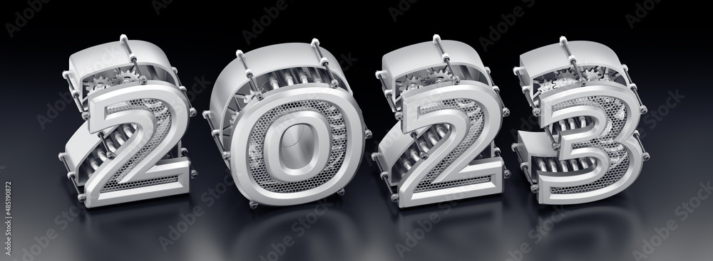 Aufkleber the new technological year of 2023. designed in modern steampunk style a row of 3d digits, which are