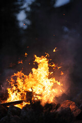 Fototapeta na wymiar Burning campfire, flames and smoke