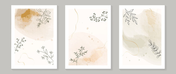 Luxury abstract botanic wall art. Minimal warm tone watercolor texture with golden leaves and branch in line art style set. Design for wall decoration, banner, covers, postcard.