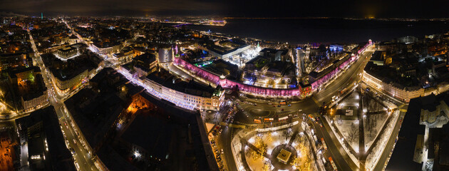 Nizhniy Novgorod. Festive lights. Aerial view of the Kremlin and the old town.