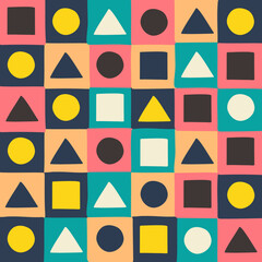 Color pattern with geometric shapes. Used for print, poster, cover, textile and fabric. Square, circle, triangle simple vector illustration.