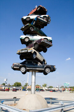 Spindle sculpture by artist Dustin Shuler (1948-2010), created in 1989 and demolished in 2008. Berwyn Illinois IL USA