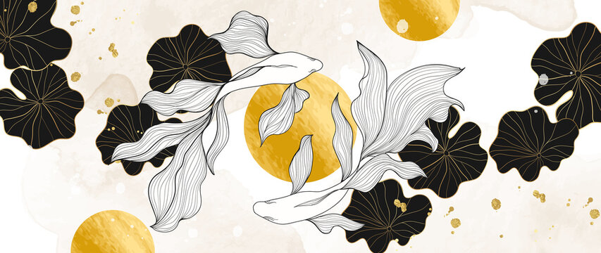 Luxury botanic and fish in line art style background. Watercolor wallpaper with gold, black, white shades of shiny sun, lotus leaves and siamese fighting fish. Sketch vector for prints and wall arts.