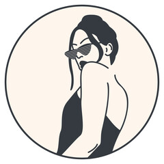 Woman in sunglasses vintage vector illustration. Female portrait vector avatar. Beauty woman model in black shirt.
