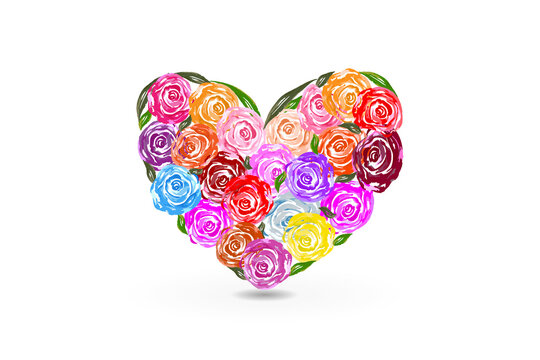 Valentines day symbol colorful roses flower in a heart shape watercolor painted icon logo vector image graphic design illustration template