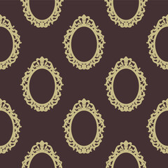 Pattern of oval lacy frames in vintage style on a brown background for print and design. Vector illustration.