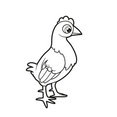 Cute cartoon young hen stands straight outlined for coloring page on white background