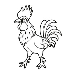 Cute cartoon rooster looks ahead outlined for coloring book on white background