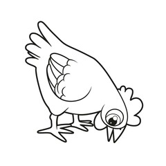 Cute cartoon hen pecks grains outlined for coloring page on white background