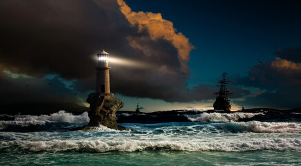 Storm at sea overlooking the lighthouse and ships. Lighthouse Tourlitis of Chora, Andros, Greece