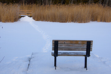 Bench on a dock in winter waiting for spring near a lake in Canada
