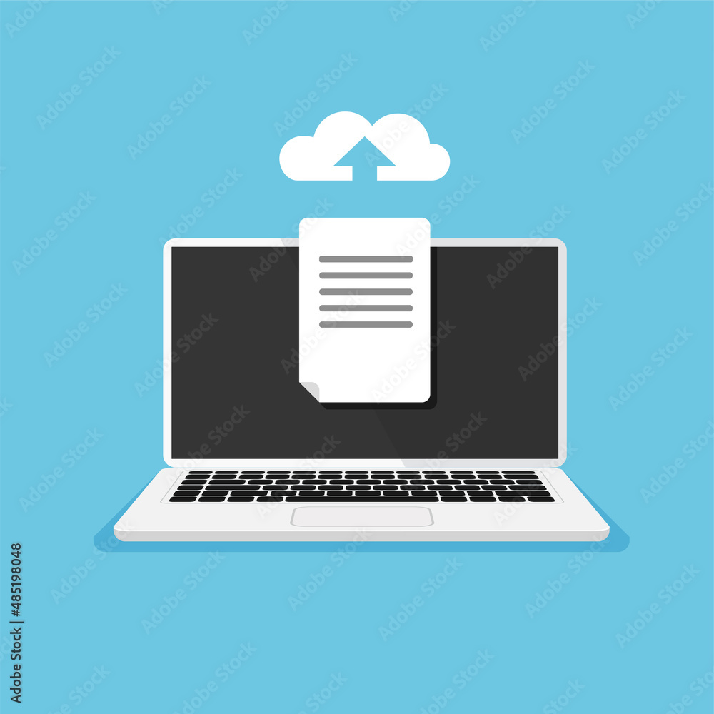 Poster uploading files to cloud storage from laptop. download process. database concept. vector illustratio