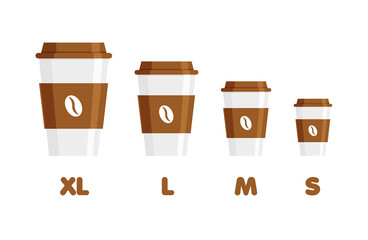 Small medium large coffee menu. Different sizes of take away paper cups. Vector illustration.	
