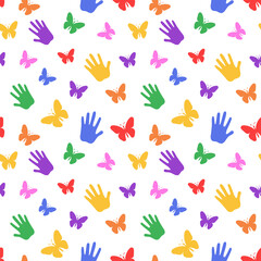 Pattern of butterflies and hands. For background, wallpaper, banner, wrapping paper, textiles, postcards. Simple flat vector illustration